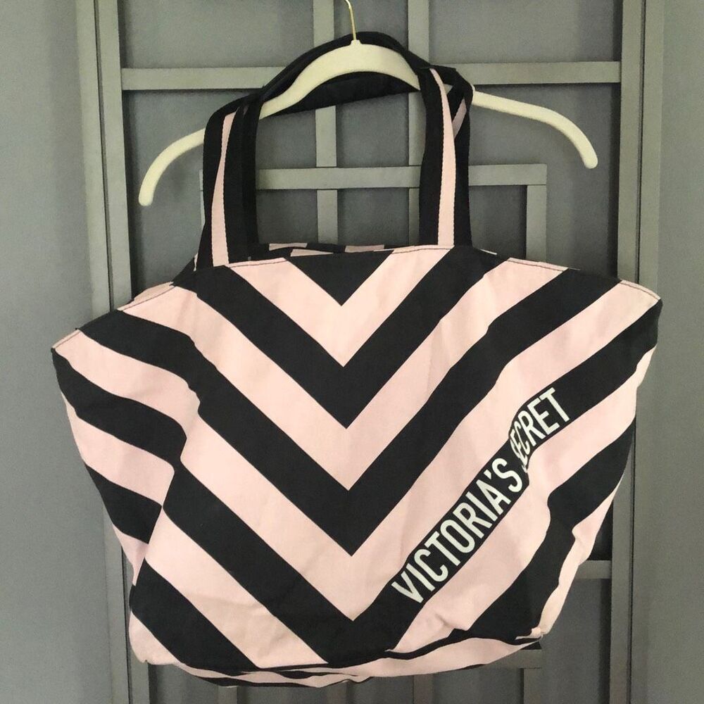 Victoria's Secret extra large black and pink tote bag striped